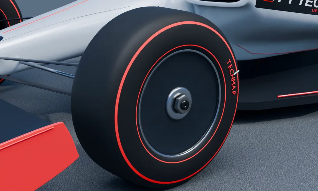 Close-up of the front wheel and suspension on our silver-and-red Formula 1-style 3D car.