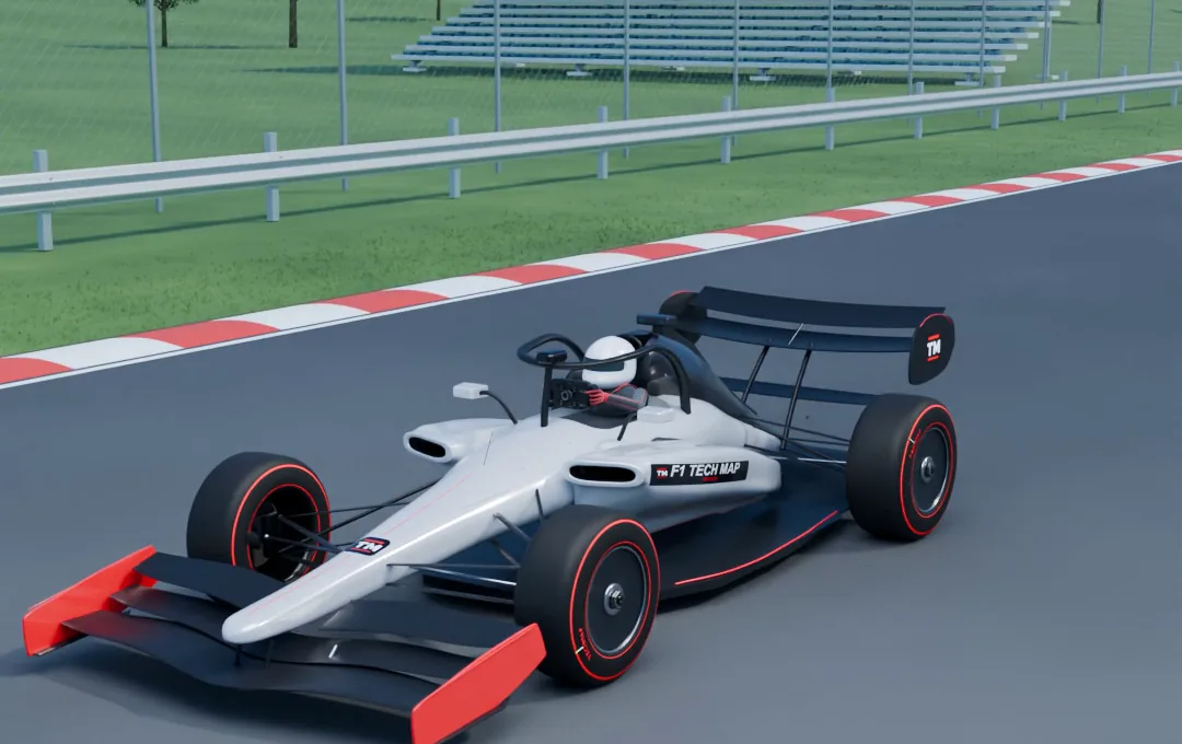 Original 3D illustration of a silver-and-red Formula 1-style car on a race circuit.
