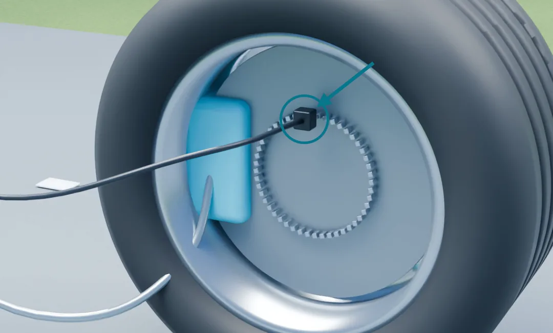 Original 3D cutaway of a generic road-car wheel-speed sensor beside a toothed ring and brake disc.