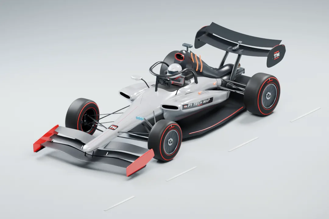 Original 3D illustration of a silver-and-red Formula 1-style car with schematic heat markers above the engine area.