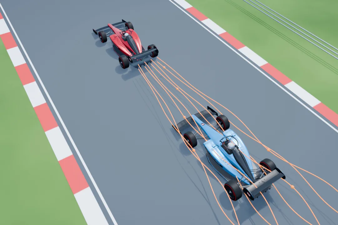 Overhead original 3D illustration showing amber schematic wake lines passing from a red lead car over a blue following car.
