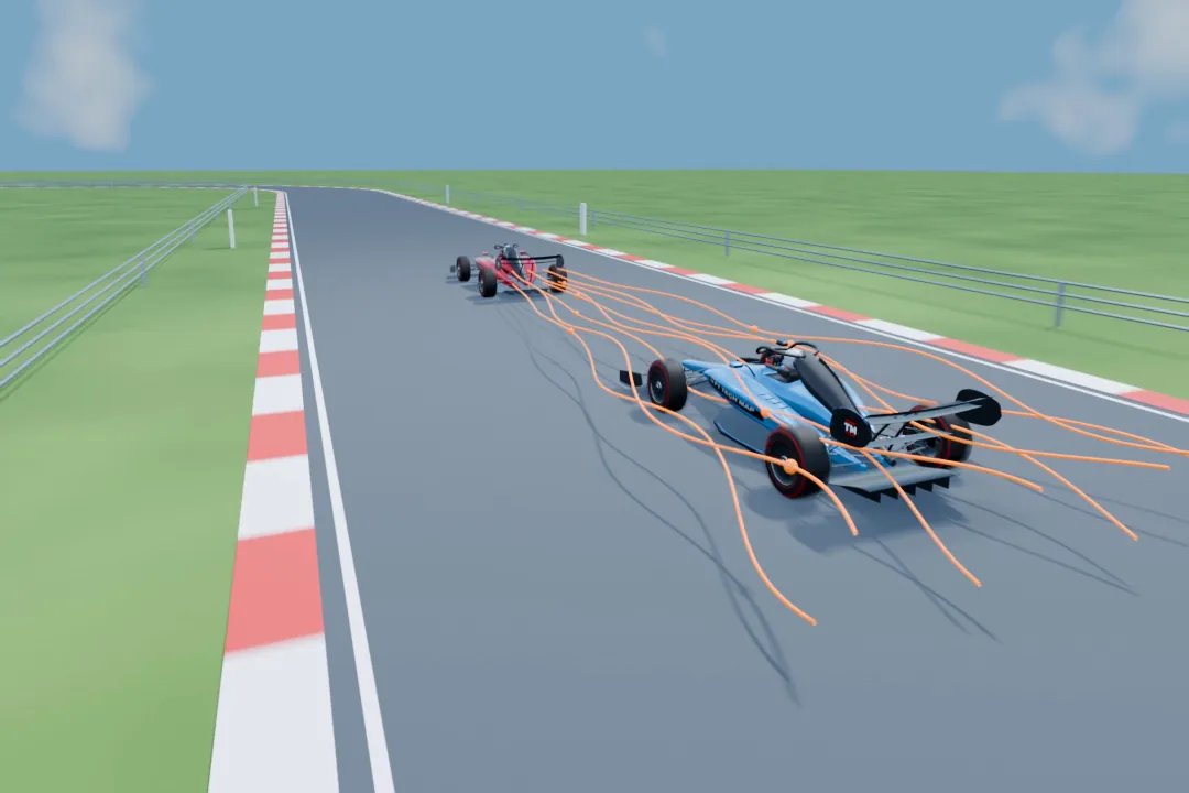 Original 3D illustration of a blue Formula 1-style car following a red car, with amber schematic airflow lines.